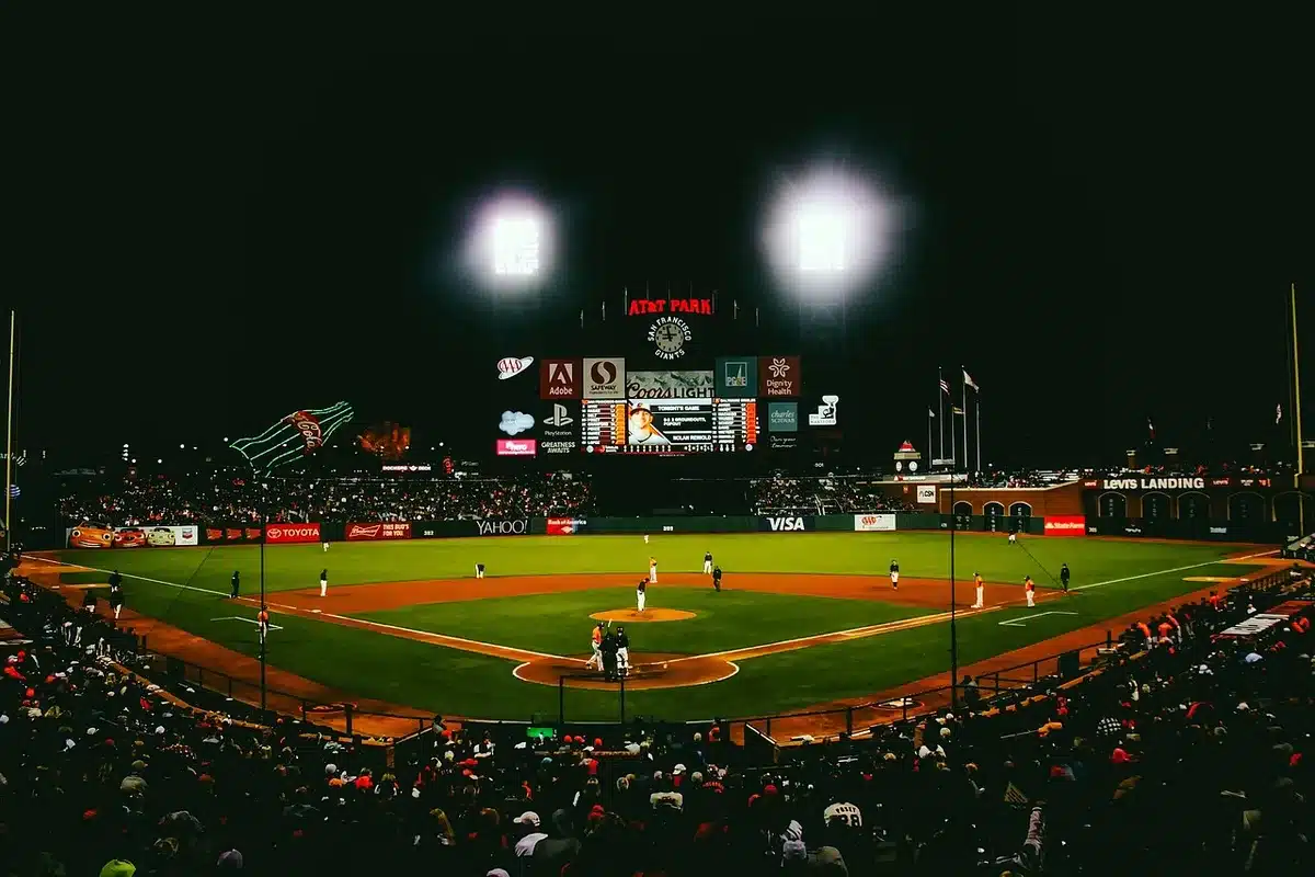 Baseball statistics and team performance metrics displayed on a digital scoreboard