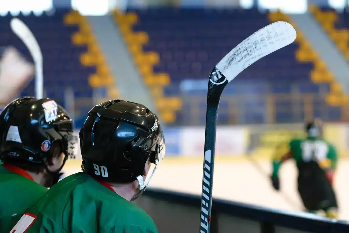 Hockey team training on ice during practice session