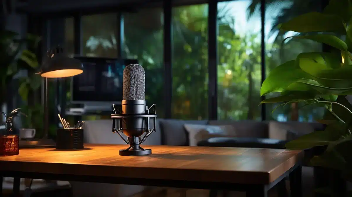 Close-up of a podcast microphone and headphones in a studio