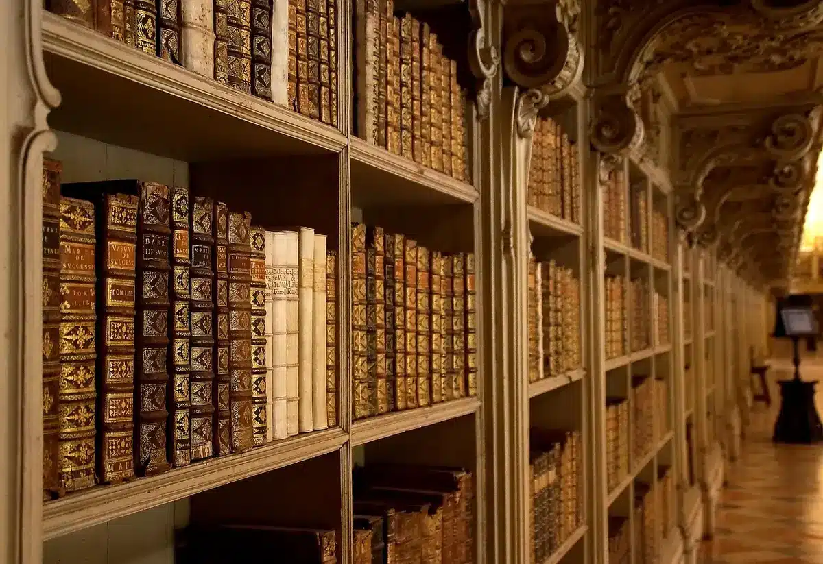 Bookshelves with gaps where titles have been removed